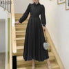 Women's Elegant Chic Maxi Dresses Turtleneck Lantern Sleeves Belted High Waist Pleated Long Dress Korean Style Robe Femme