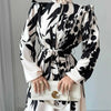 Dresses For Women Black And White Flowers Print Long Sleeve Ruffled Collar Elegant Dress Lace Up A-Line Dress Spring