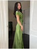 Olive Green Satin Maxi Dress Women Elegant Shawl Design Lace Trim Asymmetrical Hem Ruched Bodycon Formal Dinner Gown