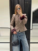 Women Stand Collar Tweed Jacket Elegant Long Sleeve Faux Fur Cuffs Coat Spring Single Breasted Outerwear Street