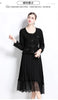 Elegant Women U Collar Long Sleeve Pleated Midi Dress Runway Spring Tweed Patchwork Chiffon Lace Trims Belt Party Vestidos