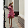 Women Elegant Floral A-line Pleated Dress Sexy Long-sleeved Waist Cinching Ruffle Mini Dresses Lady Vacation Street Gowns