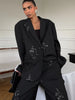 Women Black Sequin Embroidery Blazer 2 Piece Set Full Sleeve Lapel V-neck Coat Wide Leg Pants Suit Lady Spring Autumn Wears