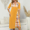 Women's Irregular Lattice Patchwork Long Dresses Vintage Buttons O Neck Half Sleeves Casual Lady Commuting Dress