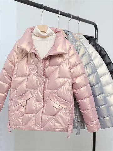 Glossy Down Cotton Jackets Women Winter Parkas Female Stand Collar Casual Warm Short Puffer Jacket Snow Outwear