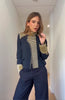 Retro Stand Collar Napoleon Slim Jacket Women Chic Navy Style Full Sleeve Gold Embroidered Coat Lady High Street Outwear