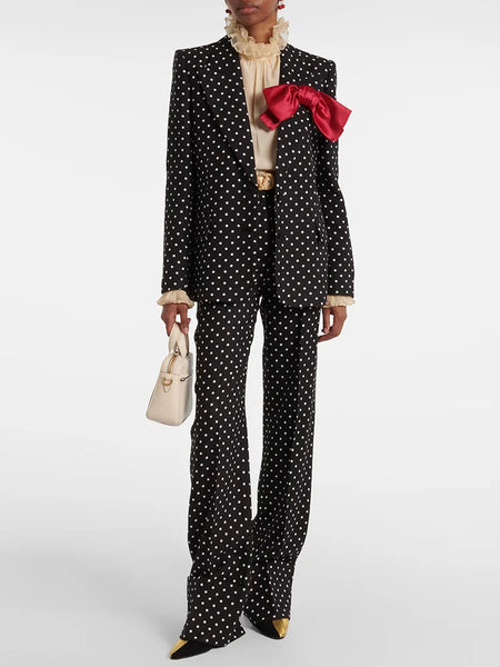 High Street Designer Suit Women Bow Decorated Polka Dot Blazer Pants Set 2PCS