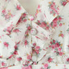 Women White Pink Flower Print Puff Long Sleeve Dress Open Buttons Wood Ears Ruffles Hem Mini Shirt Dresses Holiday Robe