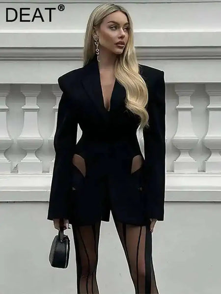 Women Blazer Notched Collar Full Sleeve Hidden Breasted Lace Patchwork Waist Black Jacket Autumn 17A8211