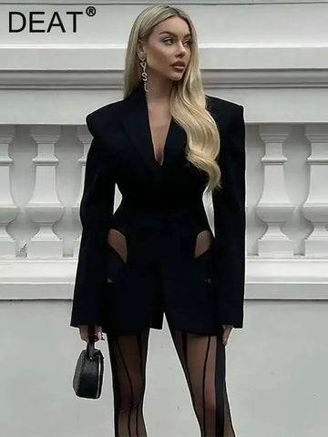 Women Blazer Notched Collar Full Sleeve Hidden Breasted Lace Patchwork Waist Black Jacket Autumn 17A8211