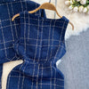 Autumn Dress Suit Women Korean Chic Blue Tweed Jacket + Vest Dress Elegant 2 Piece Set Long Sleeve Cropped Coat