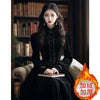 French Style Velvet Long Dresses Black Autumn Winter Vintage Vestidos Mujer Stand Collar Solid Elegant Women Dress