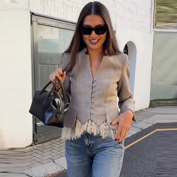Elegant V-Neck Suit Jacket Chic Lace Patchwork Single Breasted Long Sleeve Daily Blazer Lady Autumn Office Streetwear