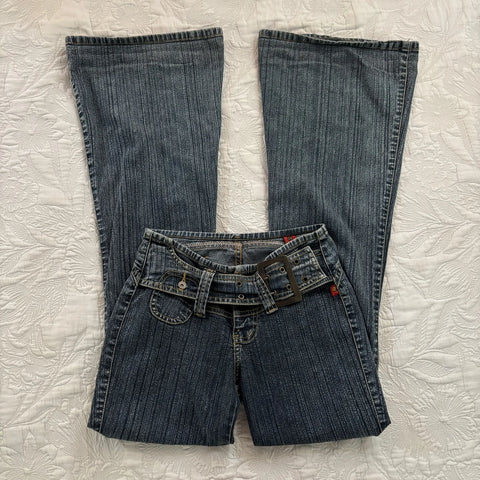 Y2K Vintage Low Rise Flare Jeans Women Harajuku Pockets Buckle Belt Blue Denim Pants Gothic Girl Slim Fit Trousers