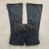 Y2K Vintage Low Rise Flare Jeans Women Harajuku Pockets Buckle Belt Blue Denim Pants Gothic Girl Slim Fit Trousers