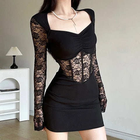 Black Mysterious Sexy Lace Stitching Mature Fishbone Beautiful Sweet Gentle Women'S Winter Long Sleeve Hip Short Dress