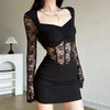 Black Mysterious Sexy Lace Stitching Mature Fishbone Beautiful Sweet Gentle Women'S Winter Long Sleeve Hip Short Dress