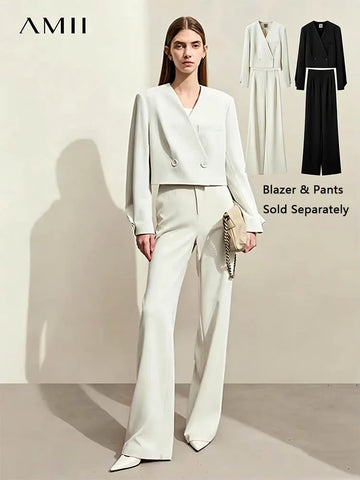 Minimalism Women's Pants Autumn Office Lady V-neck Loose Short Blazer Jacket Casual Solid Pants Separate 12441110