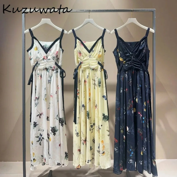 Kuzuwata Elegant V Neck Sling Dress Print Slim Vest Big Swing Lace Up Ruched Panelled Robe Japan French Mujer