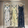 Kuzuwata Elegant V Neck Sling Dress Print Slim Vest Big Swing Lace Up Ruched Panelled Robe Japan French Mujer