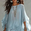 Vintage Solid Tiered Ruffle Mesh Dress Women Crew Neck Loose Batwing Sleeve Sheer Maxi Dress Elegant Holiday Travel Casual Dress