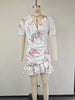 Women Sexy Flora Painted Ruffle Slim Dress Chic Deep V-neck Double Layered Ruffled Hem Dresses Lady Daily Party Gowns