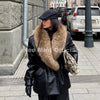 Brand Design Black Long Faux Leather Coat Women Detachable Fur Collar Oversized PU Leather Jacket Blazer