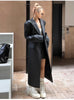 Spring Autumn Extra Long Black Loose Pu Leather Trench Coat for Women Shoulder Pads Double Breasted Faux Leather Blazer