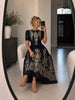 Women Vintage Gold Floral Print Maxi Dress Short Puff Sleeve Belted Elegant Party Long Dress