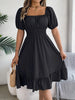 Solid Puff Sleeve Square Neck Ruched Bust Ruffle Hem Wasit Dress, Women's Clothing