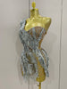 Stock Sparkly Rhinestone Sequins Tassel Mesh One Shoulder Short Dress Women Evening Birthday Party Nightclub Stage Costume