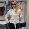 Crop Polka Dot Jacket Women's Bomber Jacket Spring Women's Belt Pockets Button Long Sleeve Top Outdoor Outerwears
