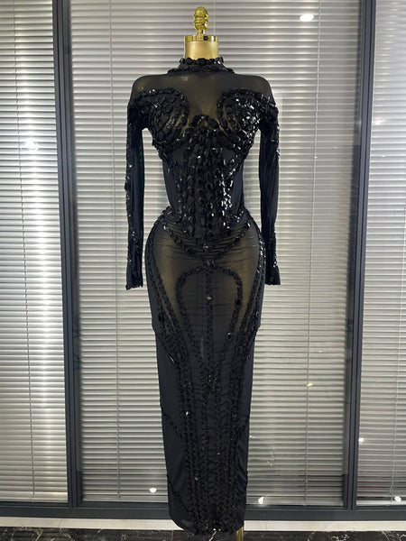 Sparkly Crystal Women Long Sleeve Sexy Mesh See Through Bodycon Long Dress Bar Singer Celebrate Performance Costumes Stage Wear
