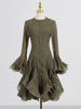 Women's Irregular Pleated Patchwork Long Flare Sleeve Waist Cinching Midi Dresses Female Clothing