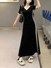 Women Autumn Midi Dresses Black Vintage Simple Y2K V-neck Korean Preppy Style Elastic Long Sleeved A-Line Sports Dress