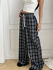 Plaid Pants for Women, High Waist Drawstring Wide Leg Trousers, Casual Streetwear Lounge Pants