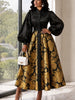 Women Vintage Jacquard Plus Size Midi Dress Stand Collar Puff Long Sleeve Button Front A Line Floral Print Elegant Formal Dress