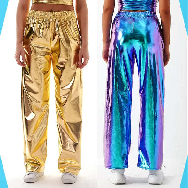 Red Women's Aurora Laser Gradual Change High Waist Straight Pants, Blue Thin Female Stretch Trousers