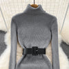 Elegant Turtleneck Long Sleeve Knit Soft Tight Pencil Dress with Belt Slim Warm Sweater Vestido Sexy Women Winter Robe
