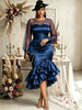 Plus Size Satin Mermaid Midi Dress For Women Mesh Long Sleeve Ruffle Hem Bodycon Evening Elegant Formal Cocktail Party Dresses