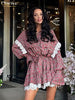 Loose Print Women Dress Elegant Lace-Up Long Sleeve Office Mini Dresses Casual Lace Spliced Pleated Female Dress
