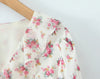 Women White Pink Flower Print Puff Long Sleeve Dress Open Buttons Wood Ears Ruffles Hem Mini Shirt Dresses Holiday Robe