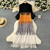 Tassel Patchwok Color Block Dress for Women Pleated Puff Sleeve Mid-calf Dresses Female Autumn