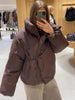 Stand Collar Cotton Jackets For Women Casual Long Sleeve Side Lace Up Coats Lady Winter Street Warm Chic Outerwear