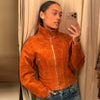 Faux Suede Cropped Jacket Women's Jacket Autumn Orange Long Sleeve Stand Collar Zip-Up Slim Outerwear Chic Top