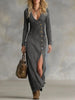 Chic Women Denim Maxi Dress Blue Deep V High Slit Long-sleeved Single Breasted Robe Female Elegant Daily Long Dress