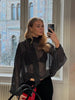 Women's Polka Dot Blouse Skirt Set Spring High Neck Batwing Sleeve Sheer Front Tie Bow Midi A-Line Dress Set