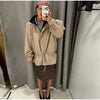 Drawstring Waist Windbreaker Jacket Women Contrast Collar Flap Pockets Long Sleeve Zip Up Coat Autumn Casual Loose Jackets