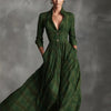 Women Plaid Shirt Dress V Neck Single Breasted Split Asymmetrical Hem Pocket Maxi Dress Ladies Elegant Casual Vintage Long Dress