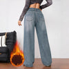 Women Fleece Lined Slightly Stretch Blue Wide Leg Jeans Selling Denim Pants